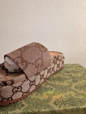 Gucci Beige and Brown Monogram Platform Slide
